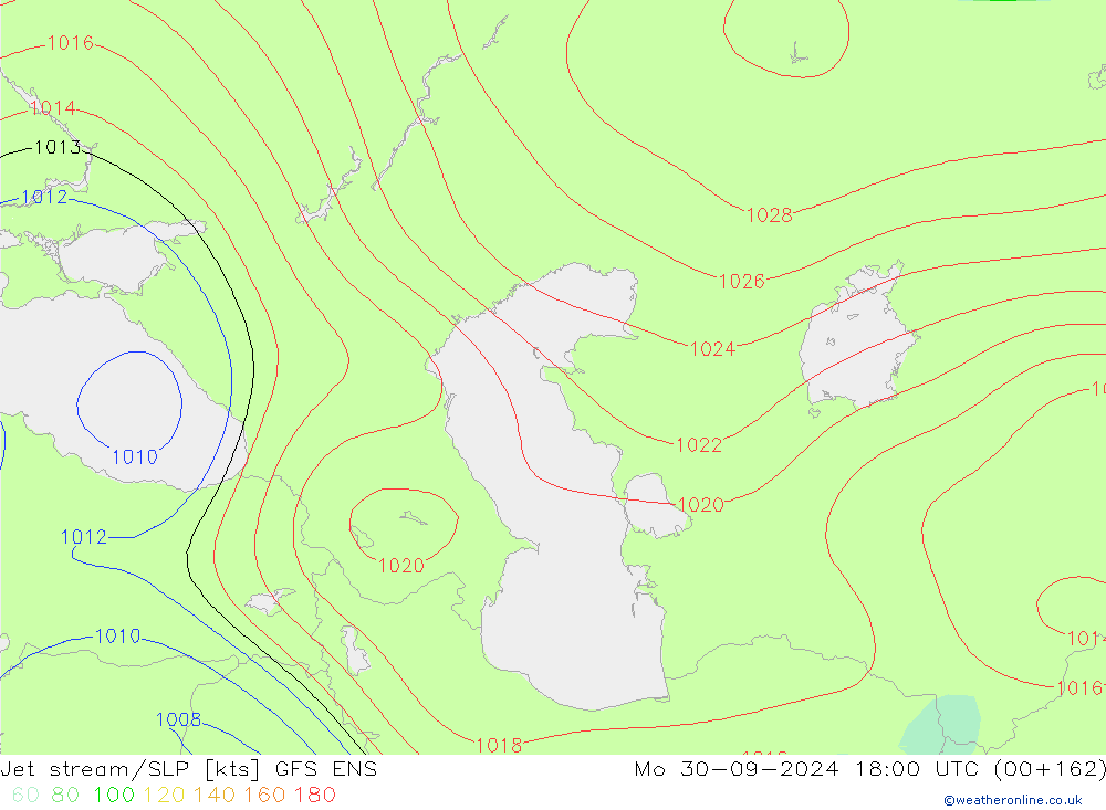 Jet stream/SLP GFS ENS Mo 30.09.2024 18 UTC