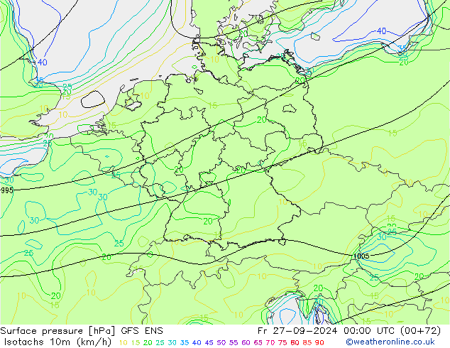 Isotachen (km/h) GFS ENS vr 27.09.2024 00 UTC