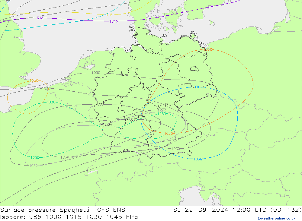 Luchtdruk op zeeniveau Spaghetti GFS ENS zo 29.09.2024 12 UTC