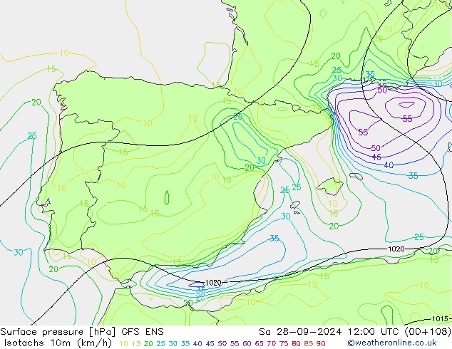 Isotachs (kph) GFS ENS Sa 28.09.2024 12 UTC