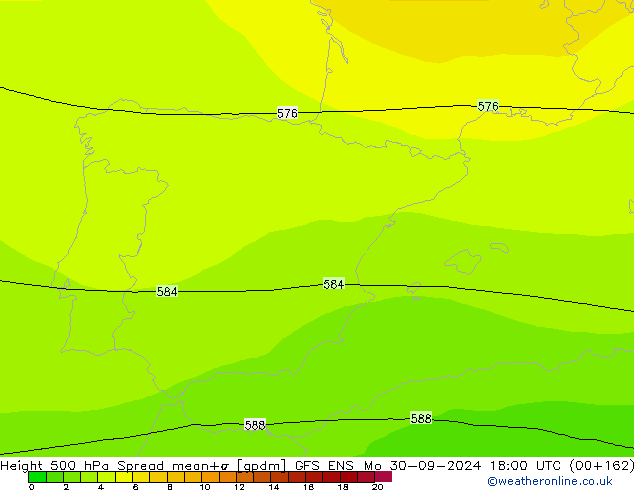 Height 500 hPa Spread GFS ENS Mo 30.09.2024 18 UTC