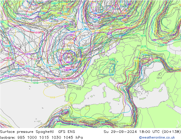 Surface pressure Spaghetti GFS ENS Su 29.09.2024 18 UTC