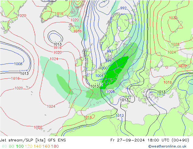 Jet stream/SLP GFS ENS Fr 27.09.2024 18 UTC