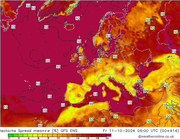 Isotachen Spread GFS ENS vr 11.10.2024 06 UTC