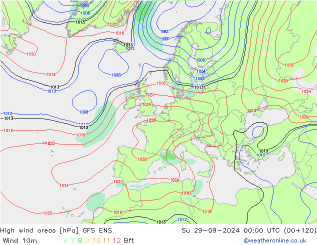 High wind areas GFS ENS Su 29.09.2024 00 UTC