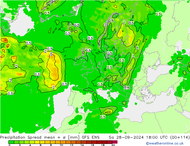 Precipitazione Spread GFS ENS sab 28.09.2024 18 UTC