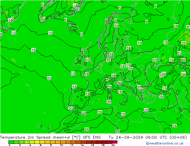 Temperatuurkaart Spread GFS ENS di 24.09.2024 06 UTC