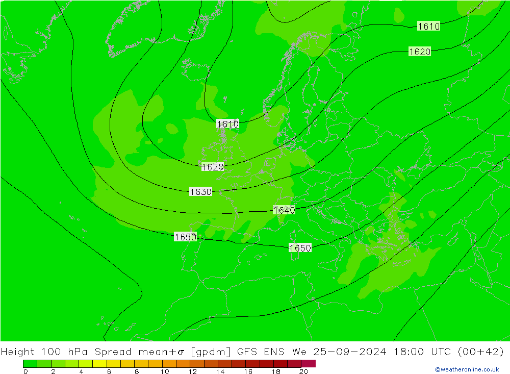 Height 100 hPa Spread GFS ENS Mi 25.09.2024 18 UTC