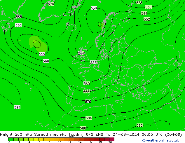 Height 500 hPa Spread GFS ENS 星期二 24.09.2024 06 UTC