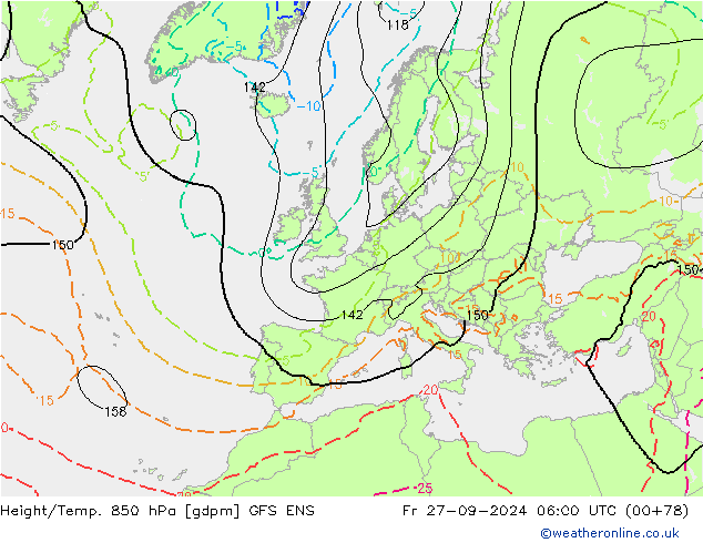 Hoogte/Temp. 850 hPa GFS ENS vr 27.09.2024 06 UTC