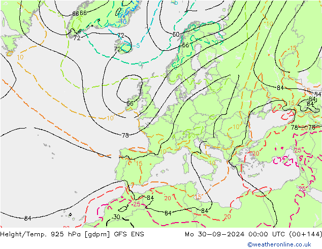 Height/Temp. 925 hPa GFS ENS Mo 30.09.2024 00 UTC