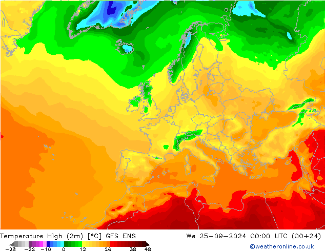 temperatura máx. (2m) GFS ENS Qua 25.09.2024 00 UTC