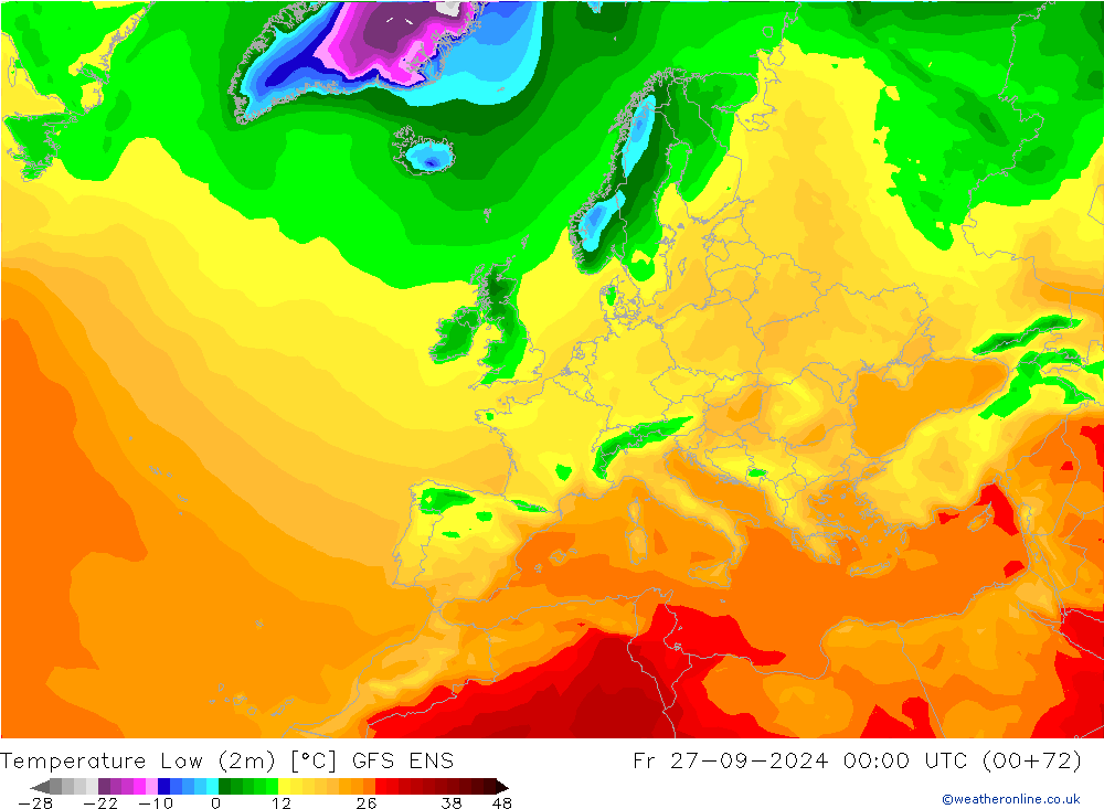 Nejnižší teplota (2m) GFS ENS Pá 27.09.2024 00 UTC