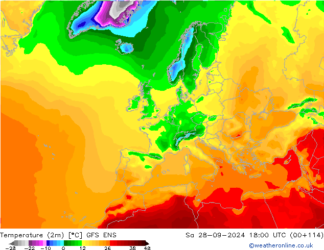 Temperatura (2m) GFS ENS sab 28.09.2024 18 UTC