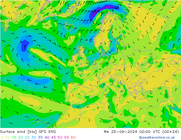 Vento 10 m GFS ENS mer 25.09.2024 00 UTC