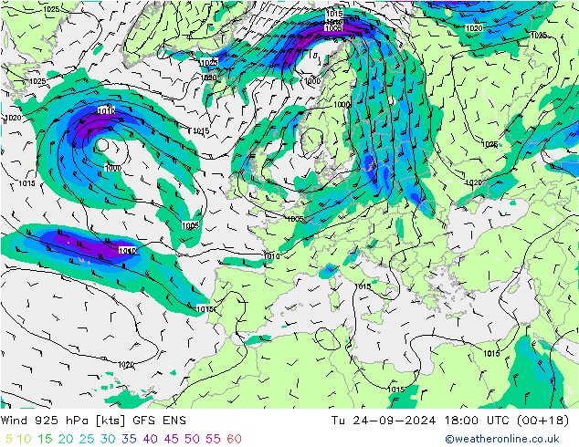 Wind 925 hPa GFS ENS Tu 24.09.2024 18 UTC