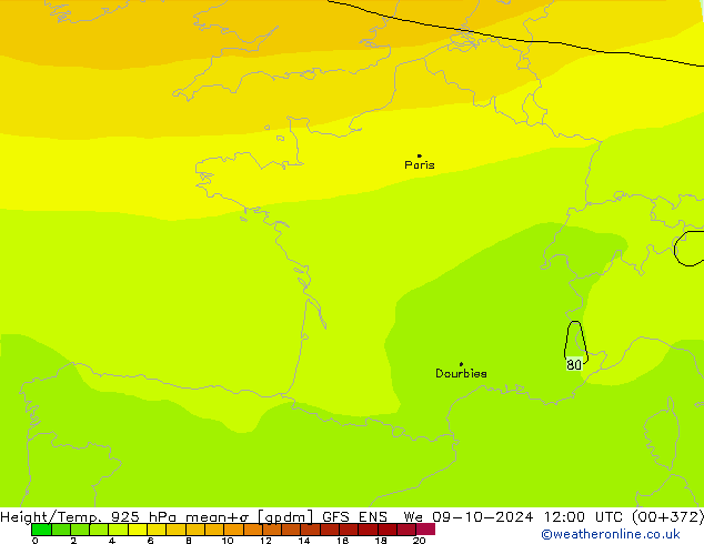 Height/Temp. 925 hPa GFS ENS St 09.10.2024 12 UTC