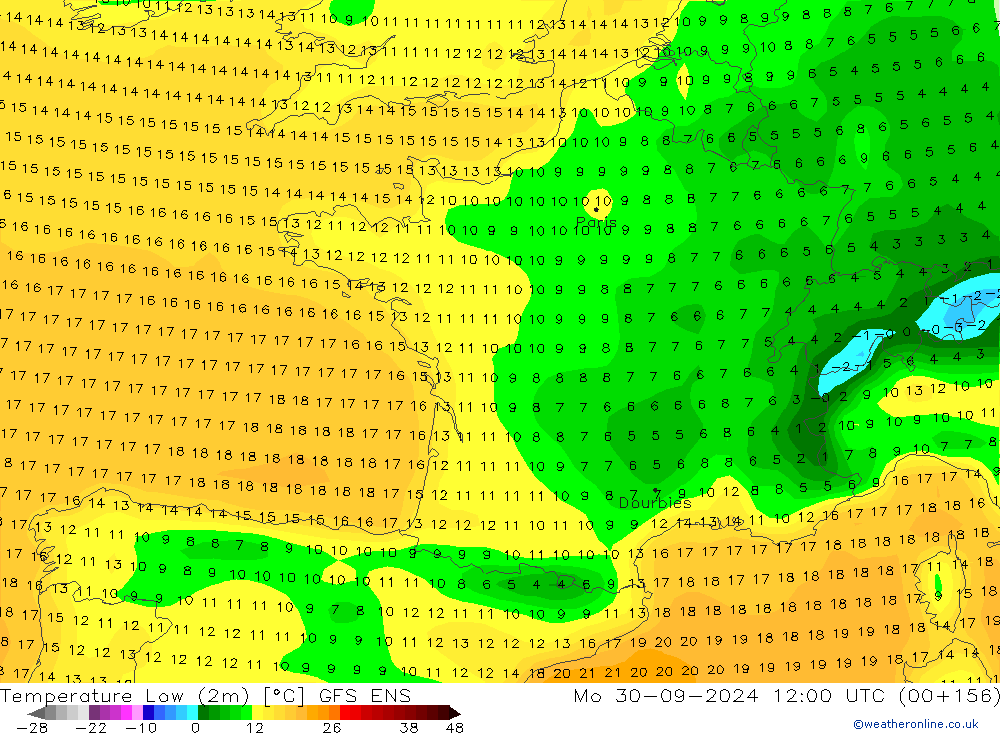 temperatura mín. (2m) GFS ENS Seg 30.09.2024 12 UTC