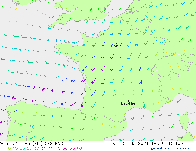 Wind 925 hPa GFS ENS Mi 25.09.2024 18 UTC