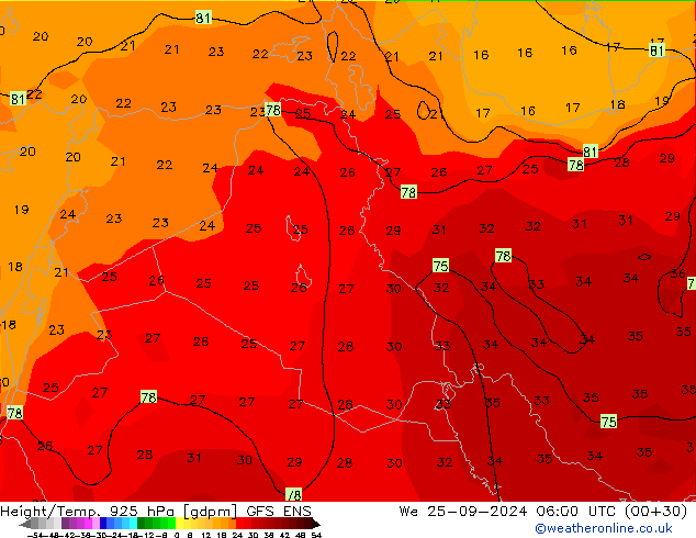 Yükseklik/Sıc. 925 hPa GFS ENS Çar 25.09.2024 06 UTC