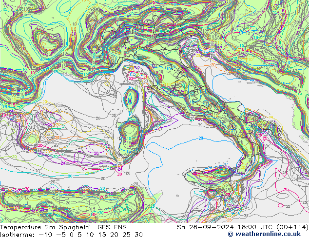 mapa temperatury 2m Spaghetti GFS ENS so. 28.09.2024 18 UTC