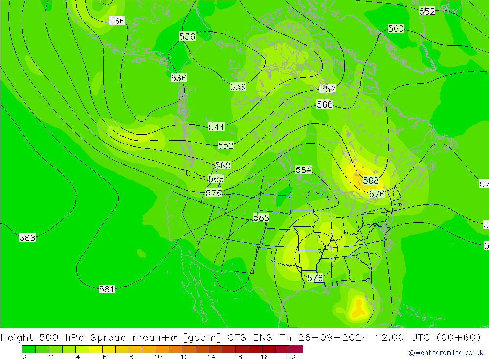 Height 500 hPa Spread GFS ENS czw. 26.09.2024 12 UTC