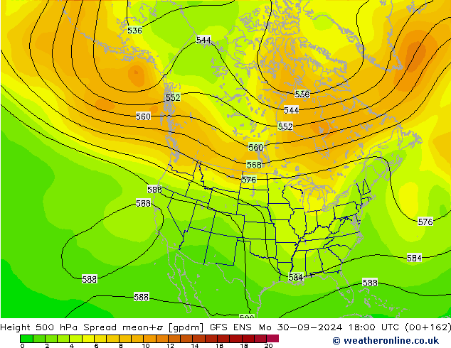 Height 500 гПа Spread GFS ENS пн 30.09.2024 18 UTC