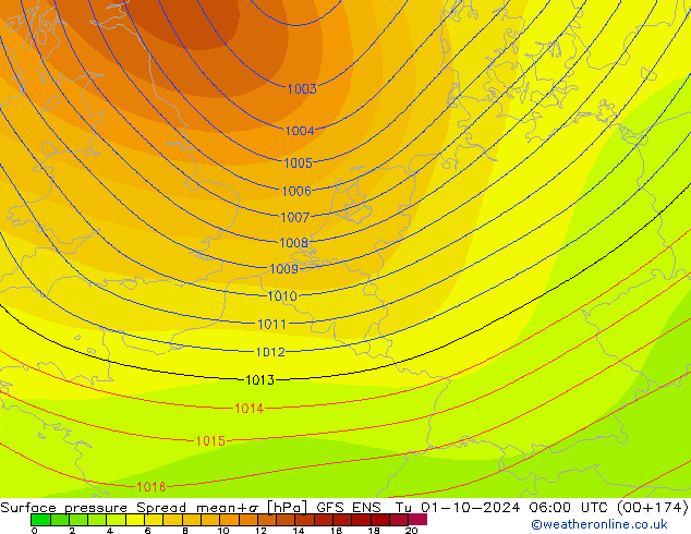 Pressione al suolo Spread GFS ENS mar 01.10.2024 06 UTC