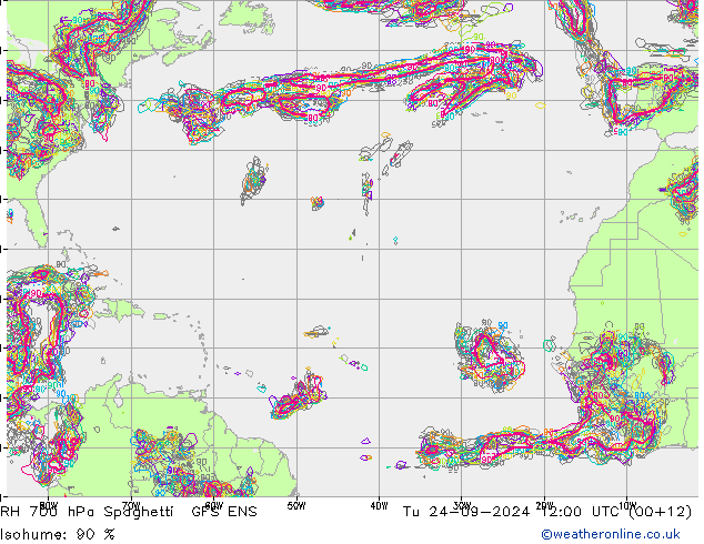 RH 700 hPa Spaghetti GFS ENS  24.09.2024 12 UTC