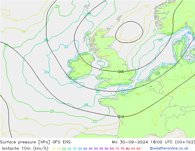 Isotachs (kph) GFS ENS lun 30.09.2024 18 UTC