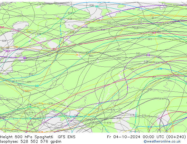 Height 500 hPa Spaghetti GFS ENS Sex 04.10.2024 00 UTC