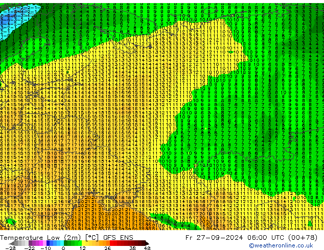 Temperature Low (2m) GFS ENS Fr 27.09.2024 06 UTC