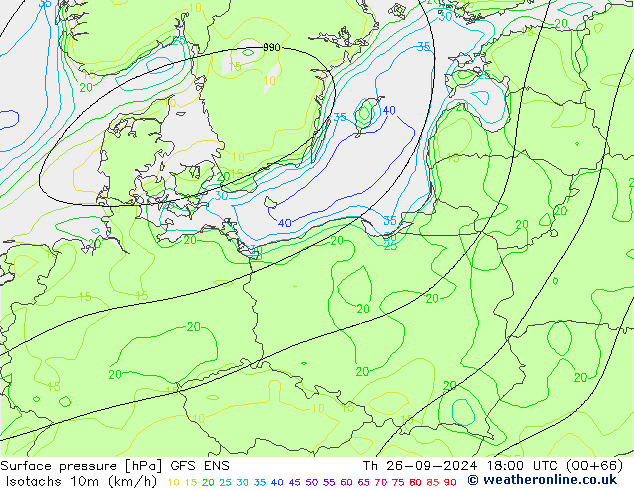 Isotaca (kph) GFS ENS jue 26.09.2024 18 UTC