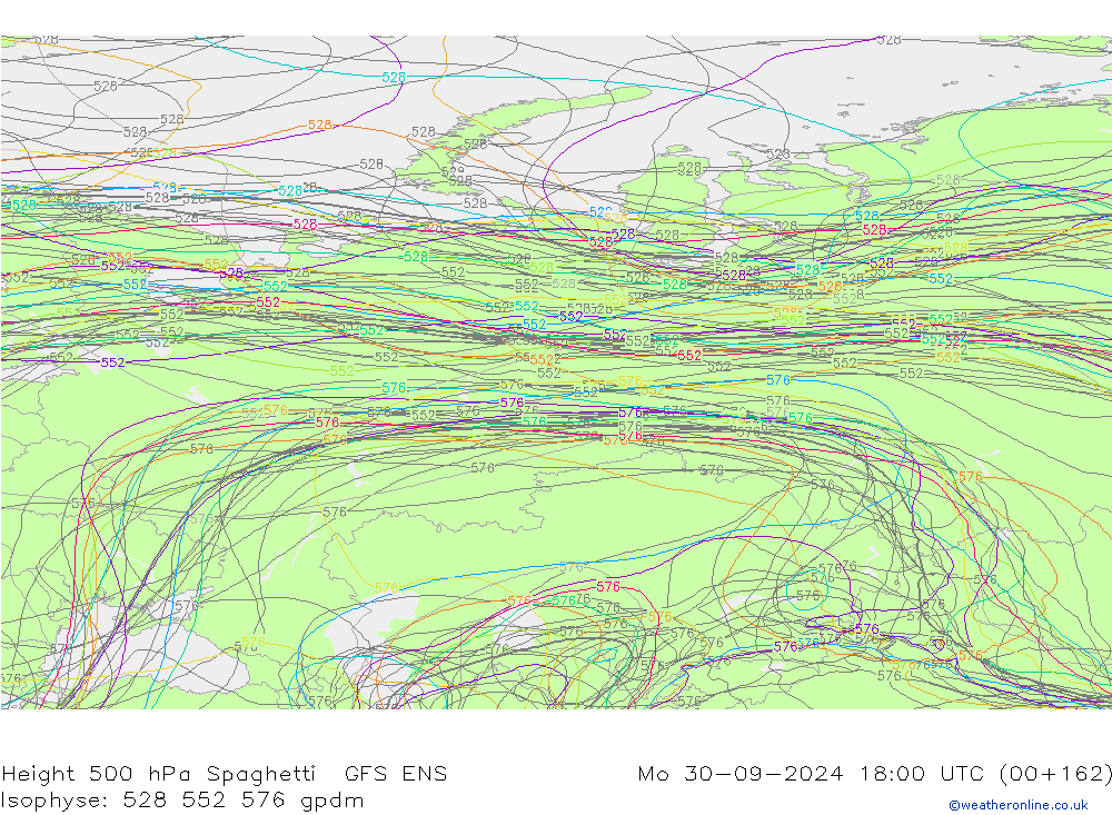 Height 500 hPa Spaghetti GFS ENS Mo 30.09.2024 18 UTC