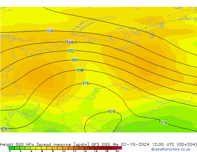 Height 500 hPa Spread GFS ENS We 02.10.2024 12 UTC