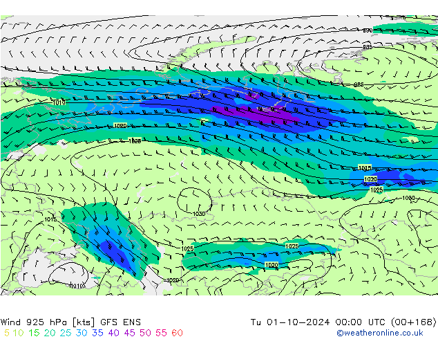 Wind 925 hPa GFS ENS Tu 01.10.2024 00 UTC