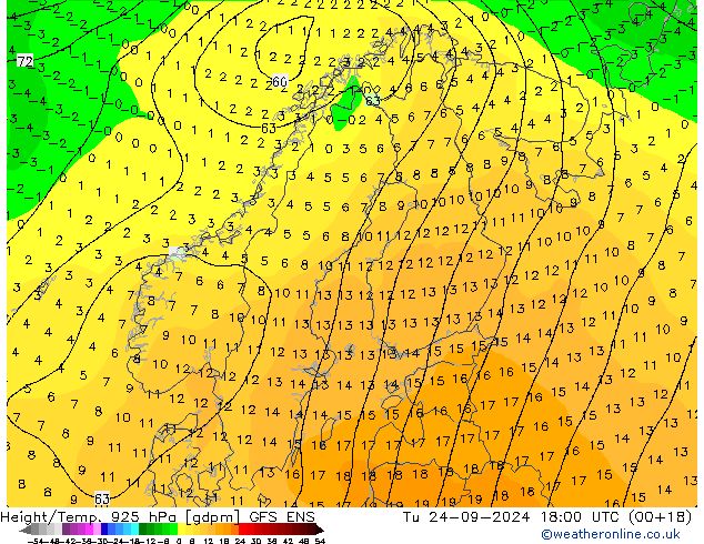 Height/Temp. 925 hPa GFS ENS  24.09.2024 18 UTC