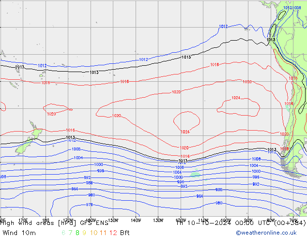 High wind areas GFS ENS Čt 10.10.2024 00 UTC