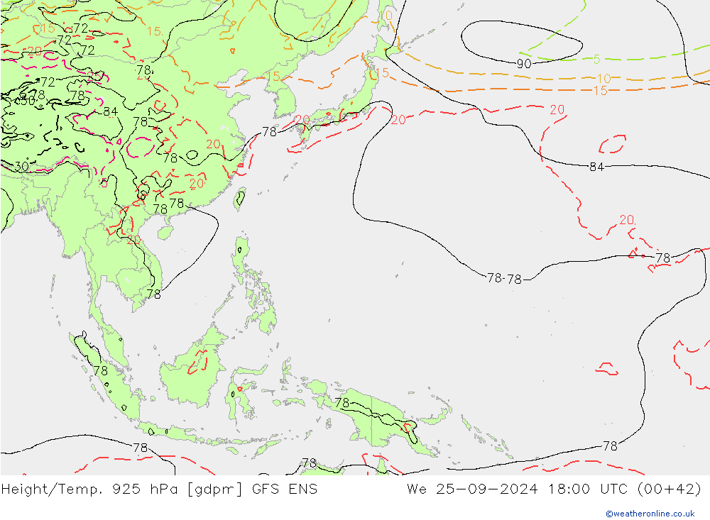 Height/Temp. 925 hPa GFS ENS mer 25.09.2024 18 UTC