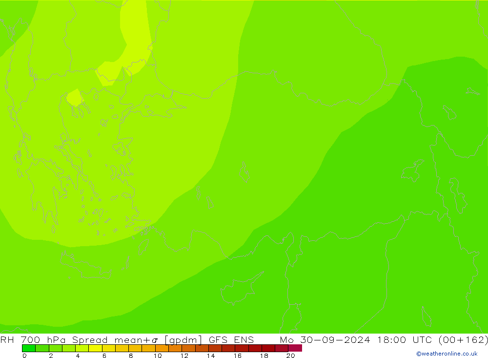 RH 700 hPa Spread GFS ENS lun 30.09.2024 18 UTC