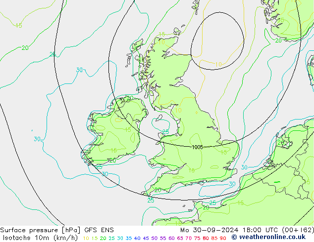 Isotaca (kph) GFS ENS lun 30.09.2024 18 UTC