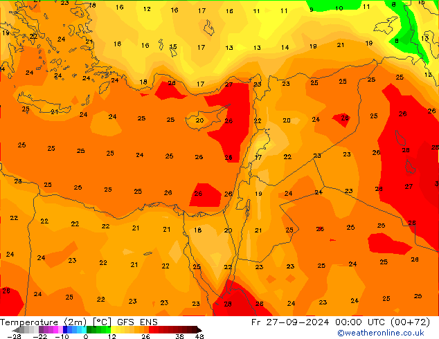 Temperatuurkaart (2m) GFS ENS vr 27.09.2024 00 UTC