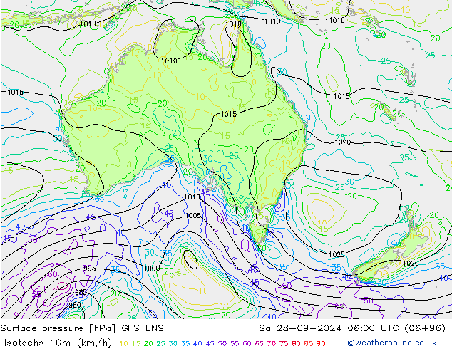 Izotacha (km/godz) GFS ENS so. 28.09.2024 06 UTC