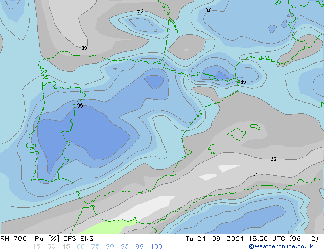 Humidité rel. 700 hPa GFS ENS mar 24.09.2024 18 UTC