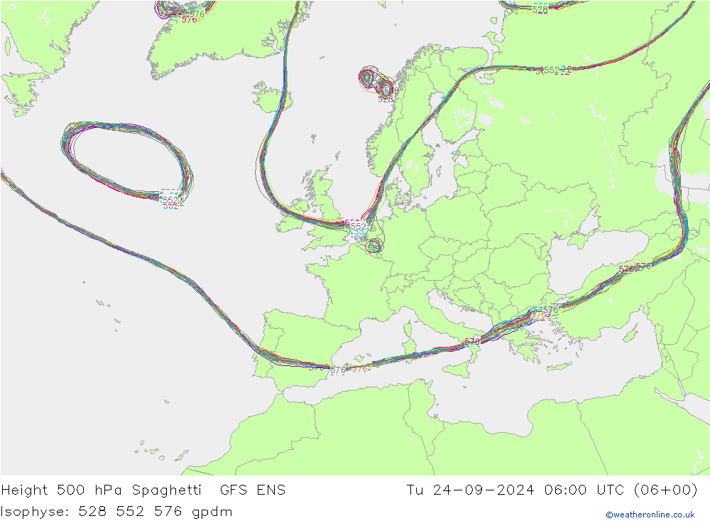 Height 500 hPa Spaghetti GFS ENS 星期二 24.09.2024 06 UTC