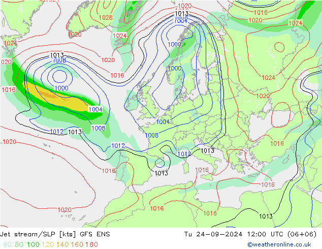 Jet stream/SLP GFS ENS Út 24.09.2024 12 UTC