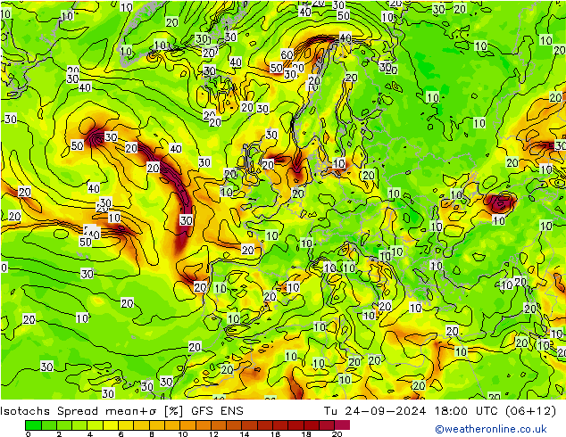 Isotachs Spread GFS ENS Út 24.09.2024 18 UTC