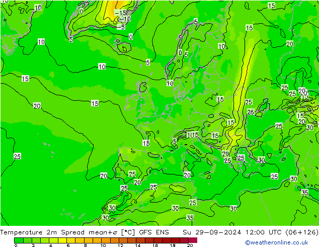 Temperature 2m Spread GFS ENS Su 29.09.2024 12 UTC