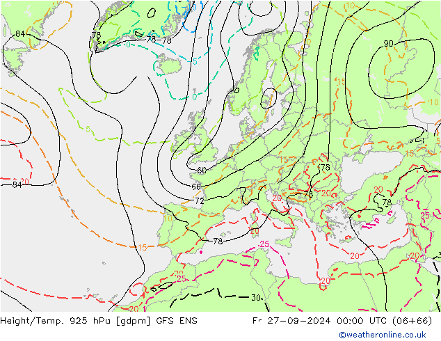 Geop./Temp. 925 hPa GFS ENS vie 27.09.2024 00 UTC