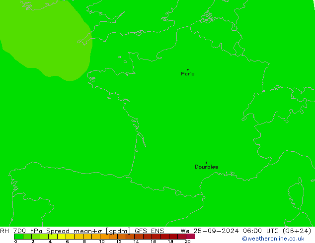 RH 700 hPa Spread GFS ENS We 25.09.2024 06 UTC